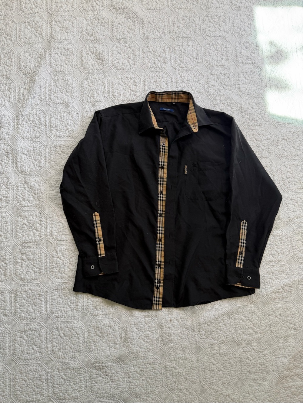 Burberry Black Men's Button-Up Shirt Jacket with Plaid Trim size xl